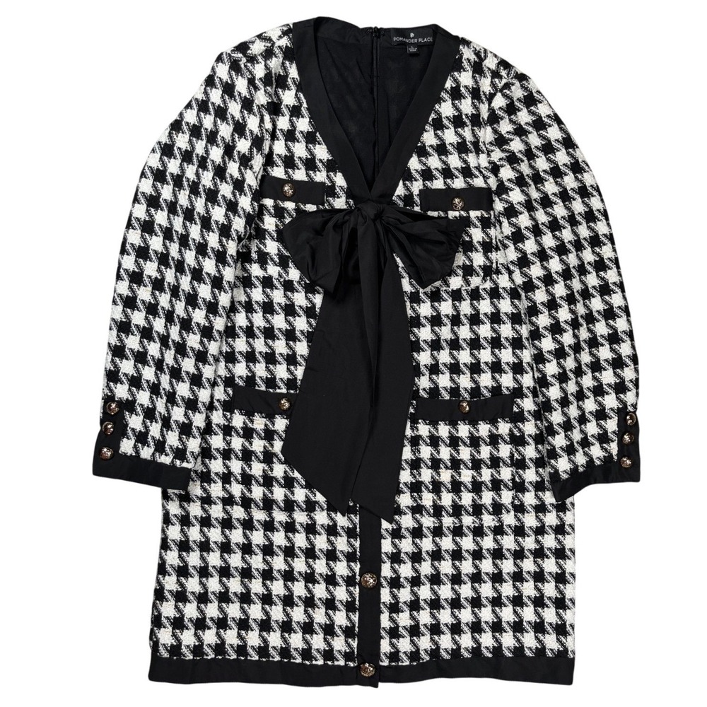 Tuckernuck Pomander Place Coco Tweed Bow Dress Women L Black White Houndstooth